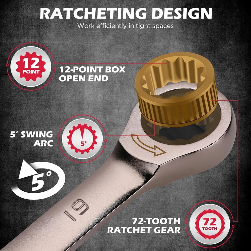 SEDY Premium 24-Piece Ratchet Wrenches Set with Magnetic Organizer, SAE 1/4"-7/8" & Metric 8mm-19mm, Cr-V Steel Ratcheting Wrench Set, Ratchet Combination Wrench Set for Automotive, Machine Repair - Image 3